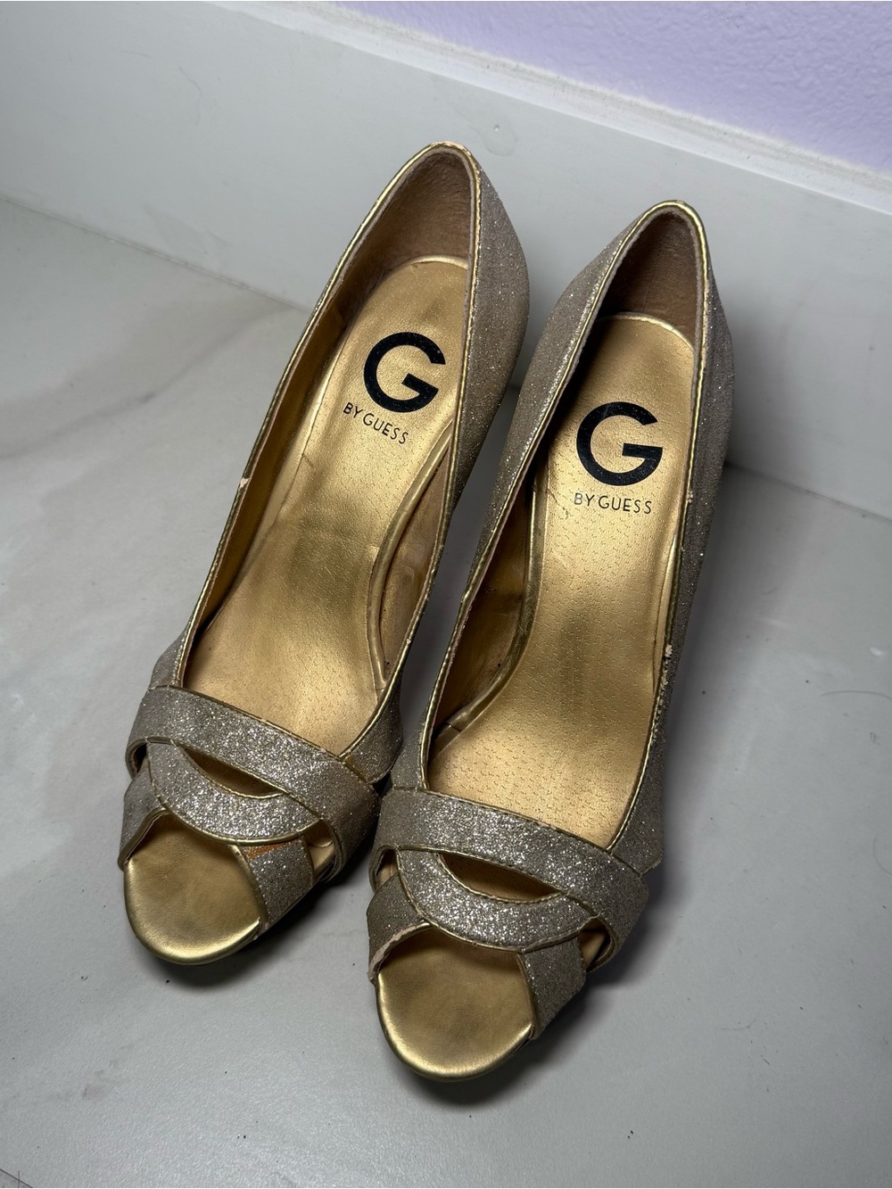 G by GUESS Gold Glitter Peep-Toe Pumps